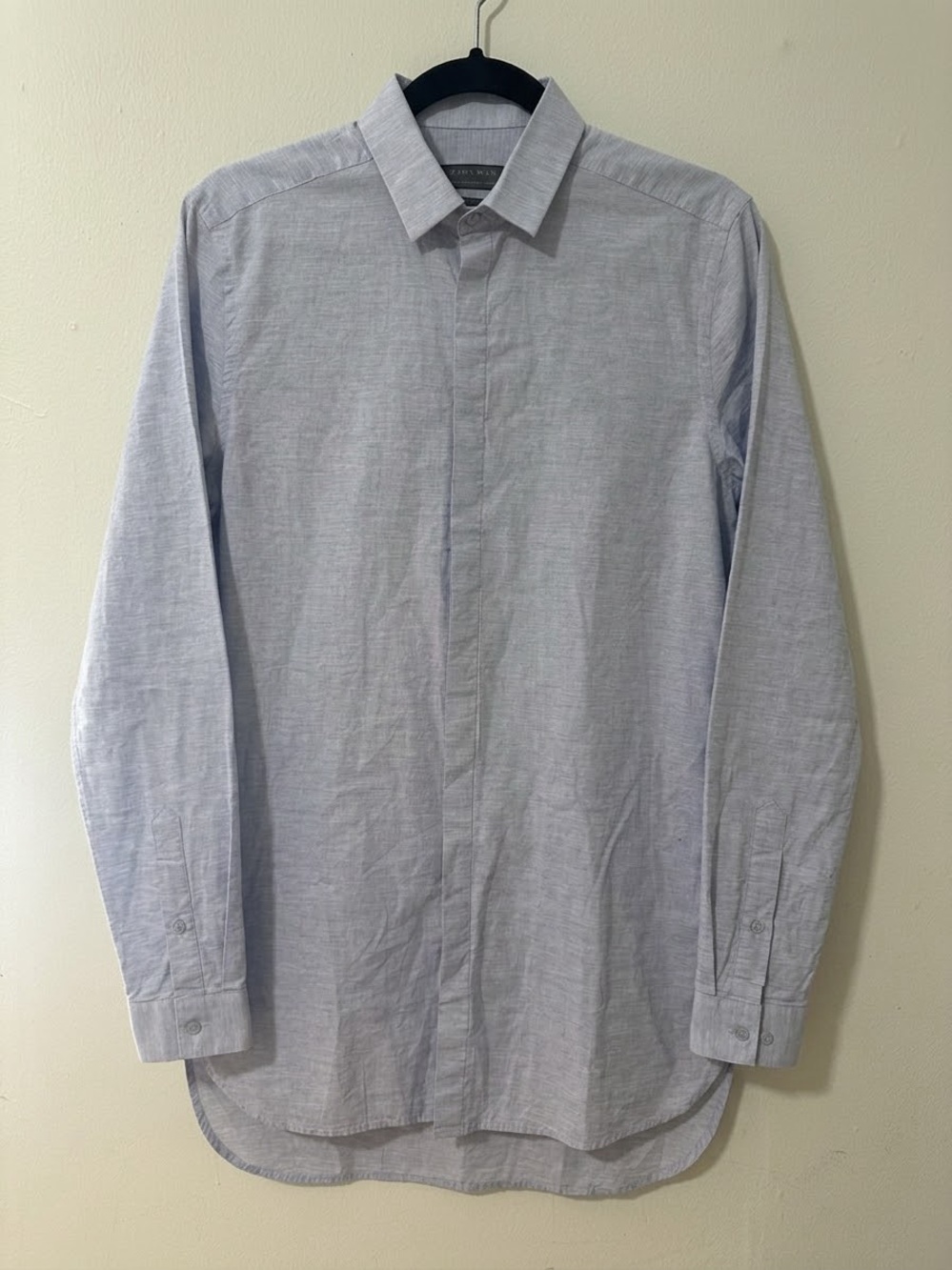 ZARA MAN Mens S 16.5 33 Slim Blue Solid Cotton Woven Point Collar Barrel Cuff